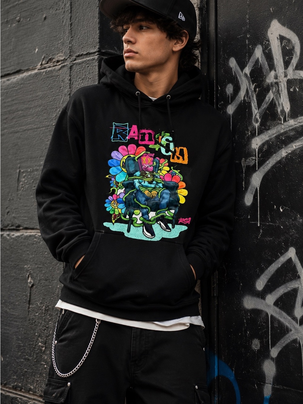 RS1NE Ransom Black Graphic Hoodie Sweatshirt with Colorful Street Art Print